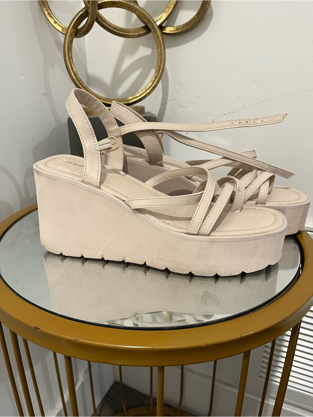 Madden Girl Cream Platform Wedge Strappy Sandals